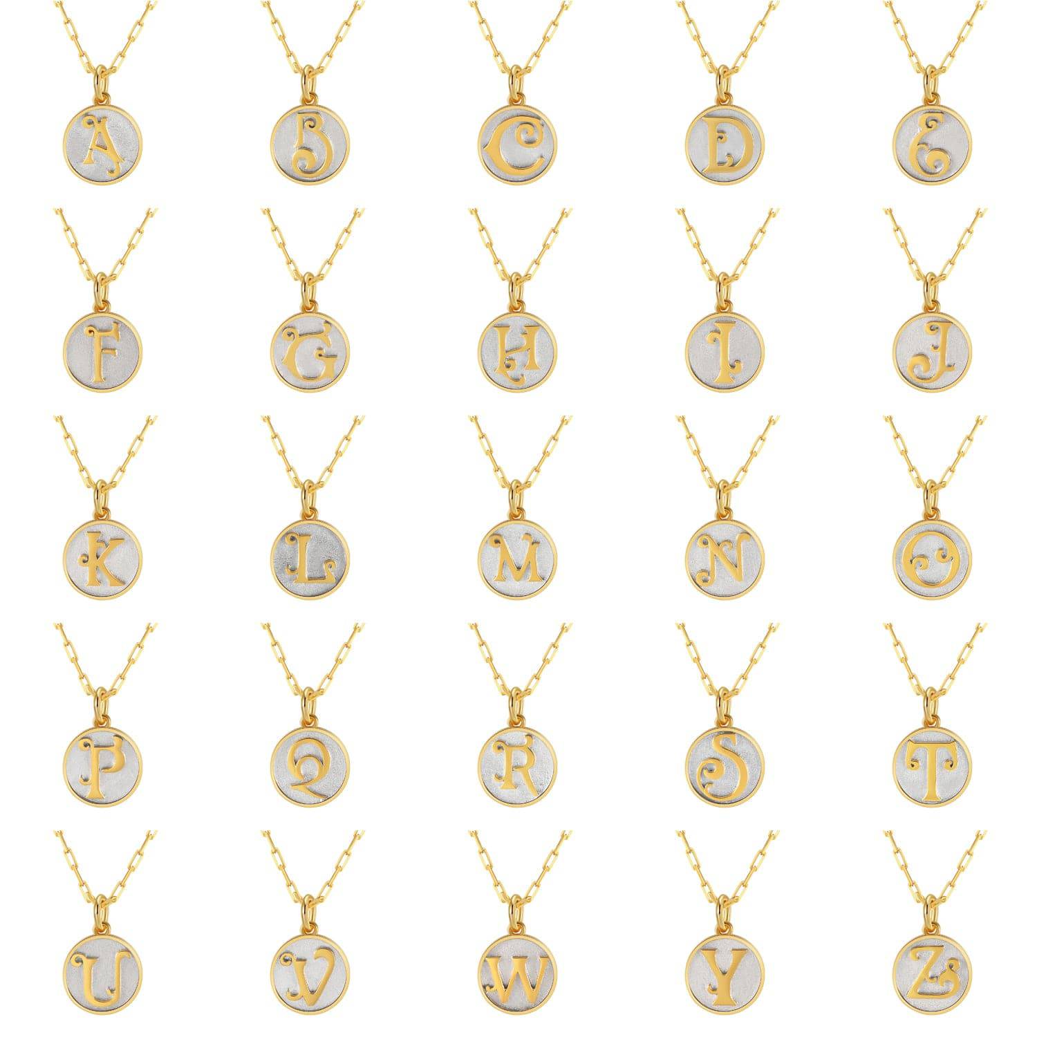 Saints and Saviors Dainty Fancy Initial Pendant Necklace A-Z image shows all 26 letters and initials necklaces on a white background