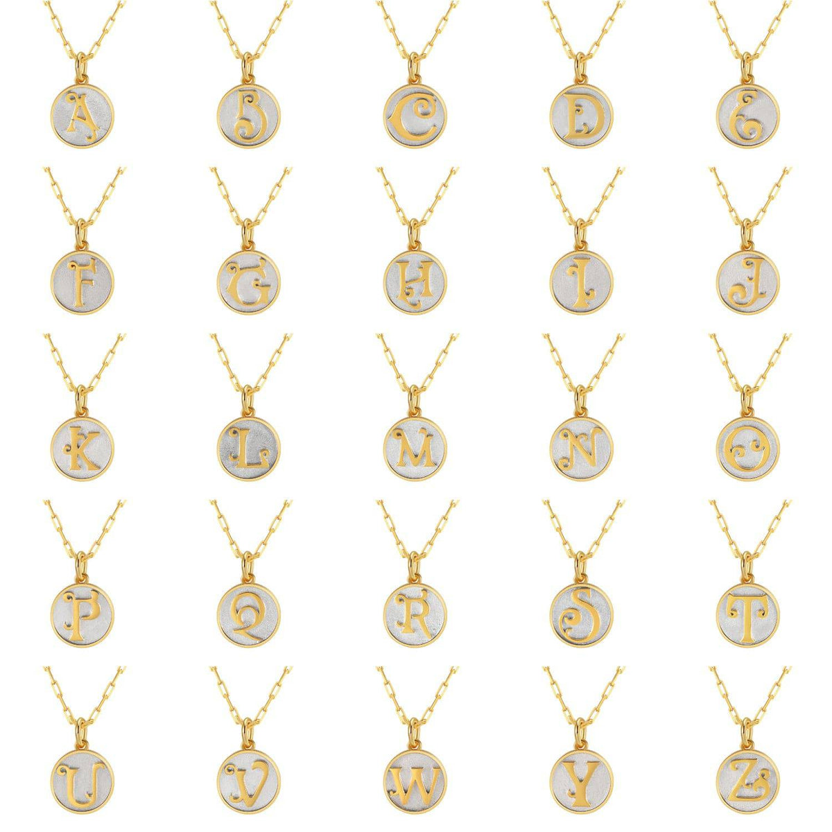 Saints and Saviors Dainty Fancy Initial Pendant Necklace A-Z image shows all 26 letters and initials necklaces on a white background