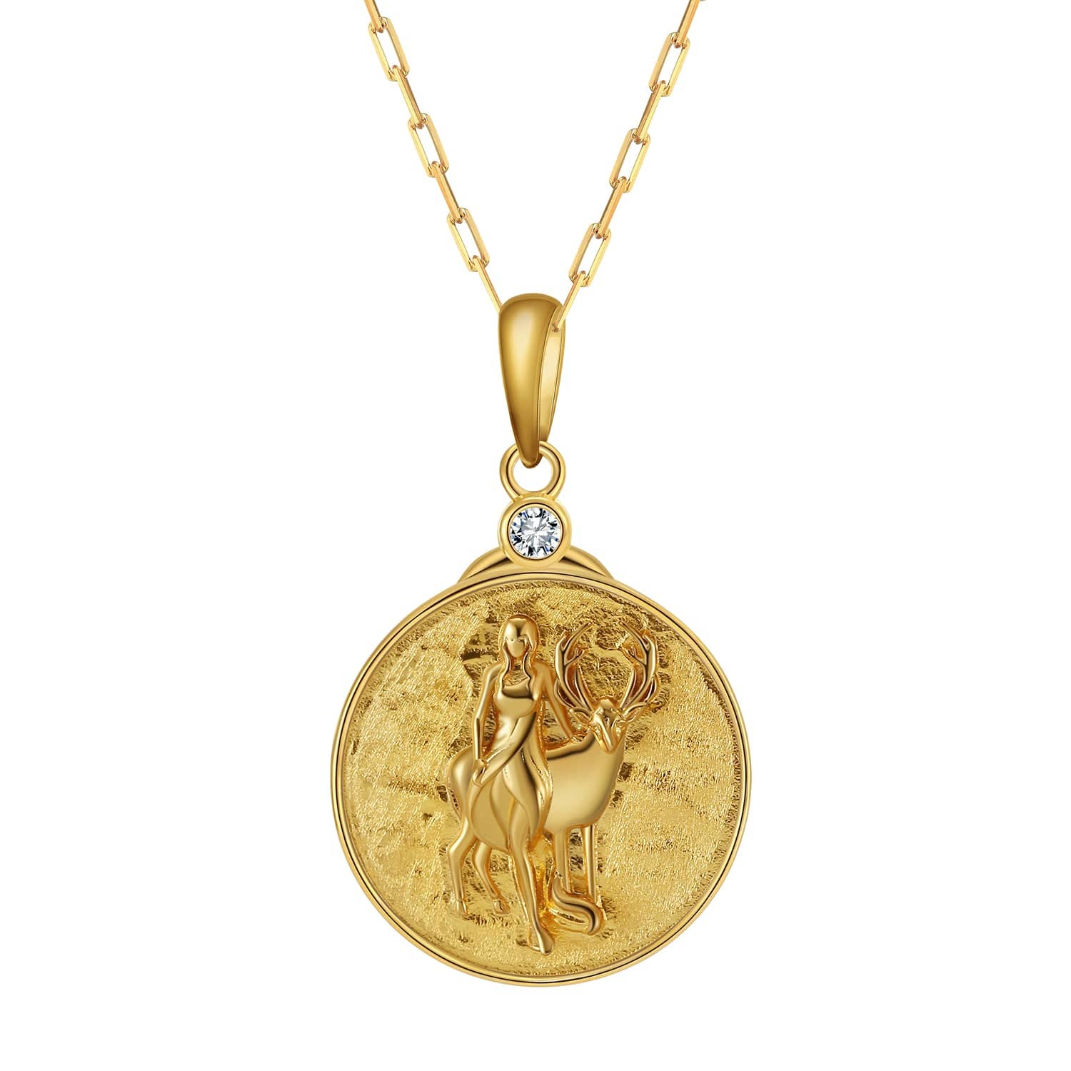 Gold Zodiac Virgo Medallion Necklace featuring a Woman with a Deer