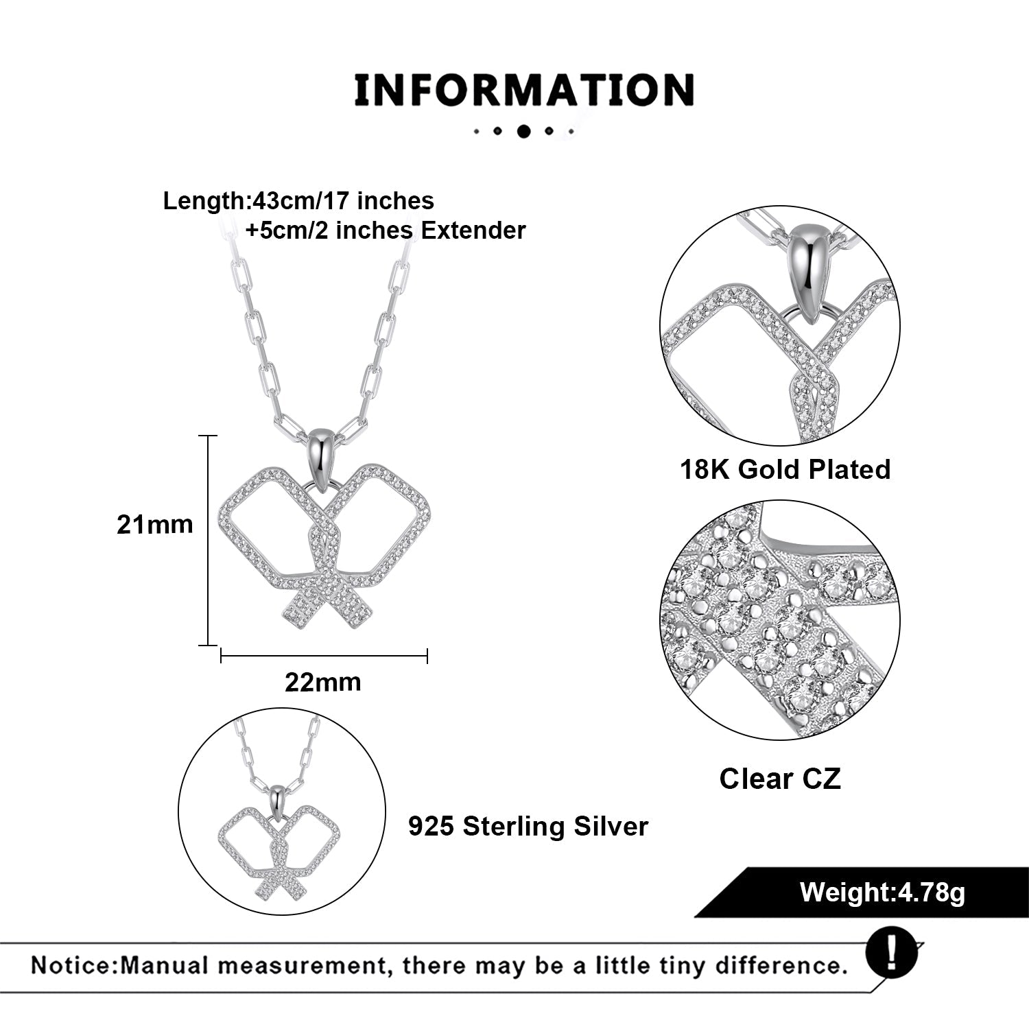 Silver necklace with pickleball paddle pendant, details on chain length, material, and features.