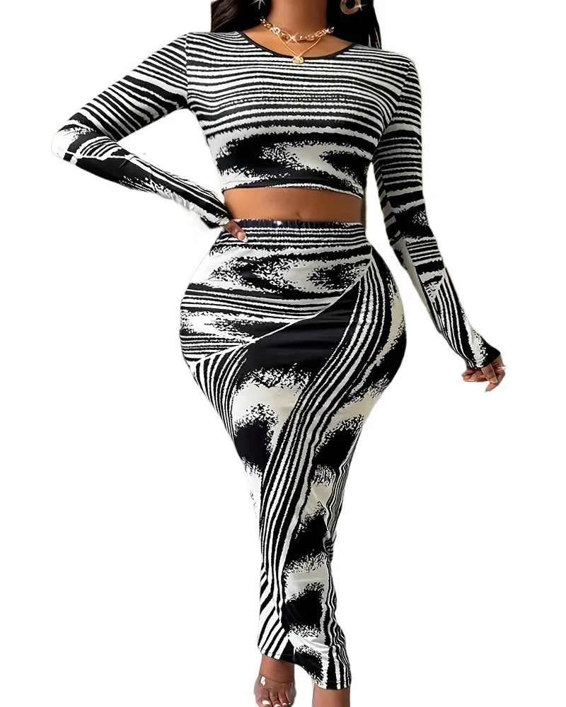 Glam Black & White Swirl Print Two-Piece High Waist Skirt Set - Yayas Glam & Gift Shop