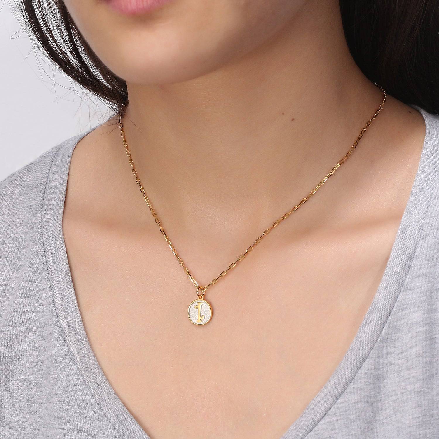 Saints and Saviors Dainty Fancy Initial Pendant Necklace A-Z on model