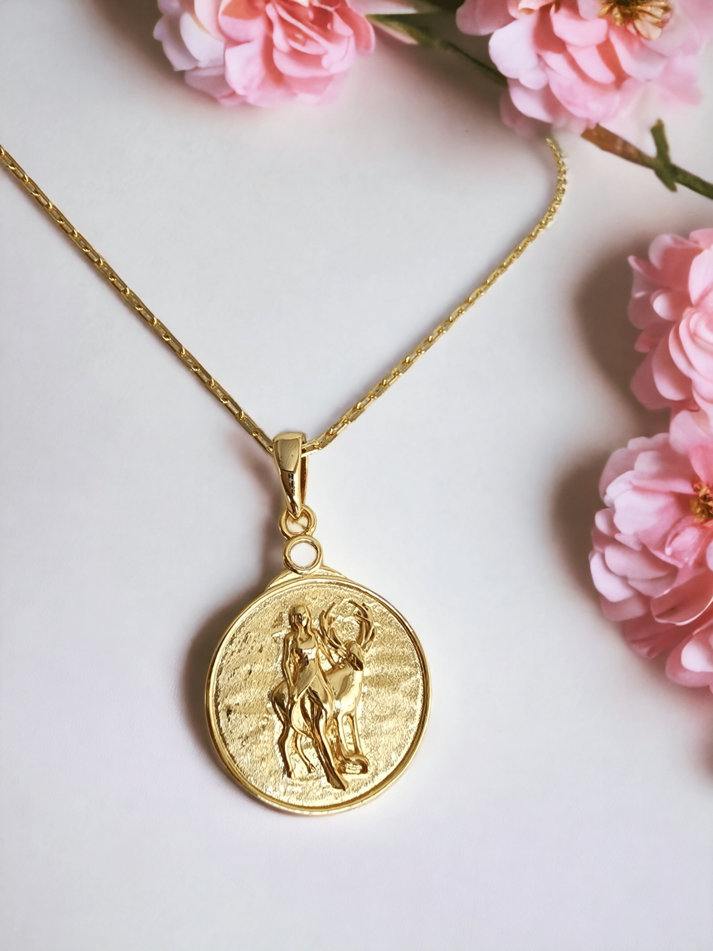 Gold Zodiac Virgo Medallion Necklace with Woman and Deer