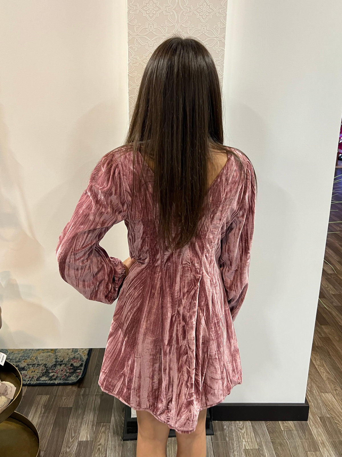Mauve Front Ribbon Velvet Holiday Mini Flare Dress