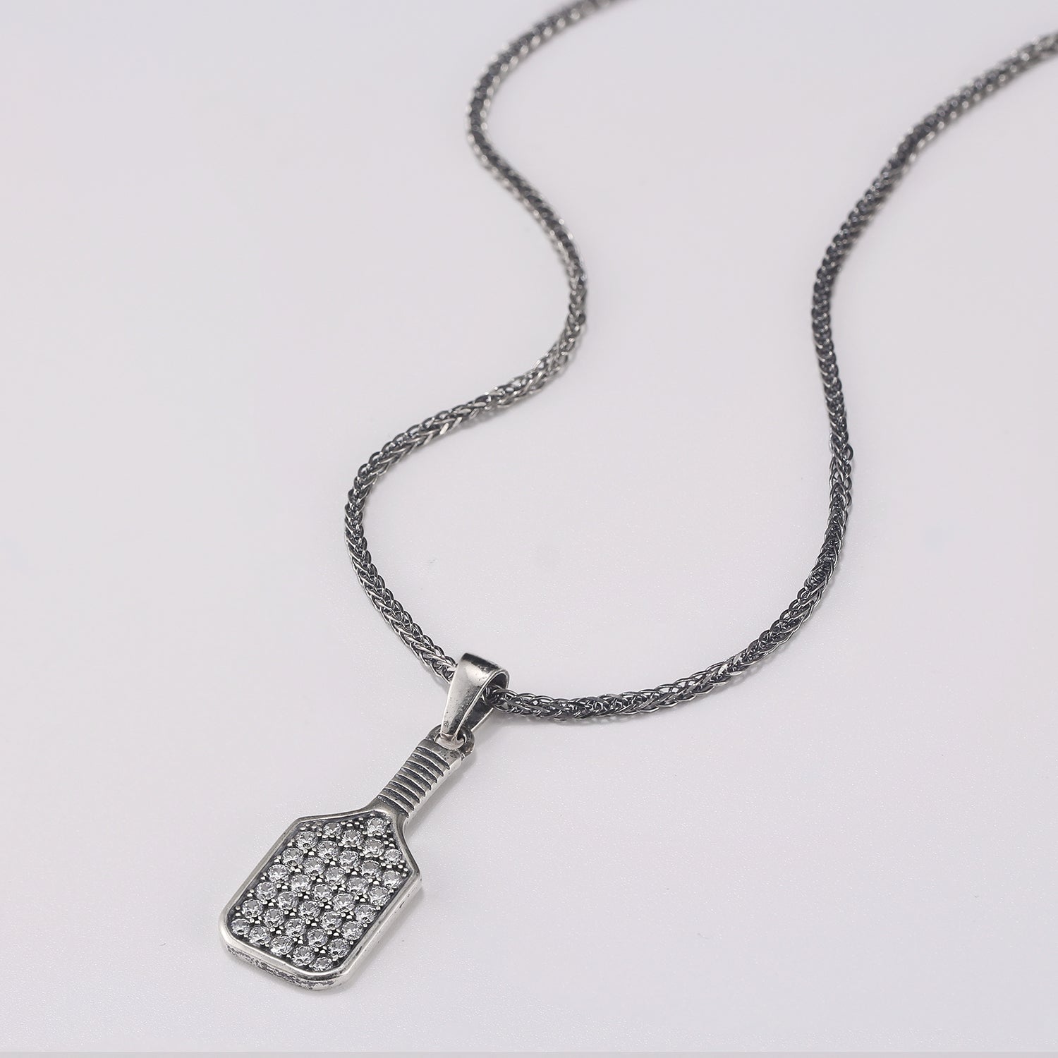 Pickleball Baller Paddle Necklace Silver with Clear Crystals