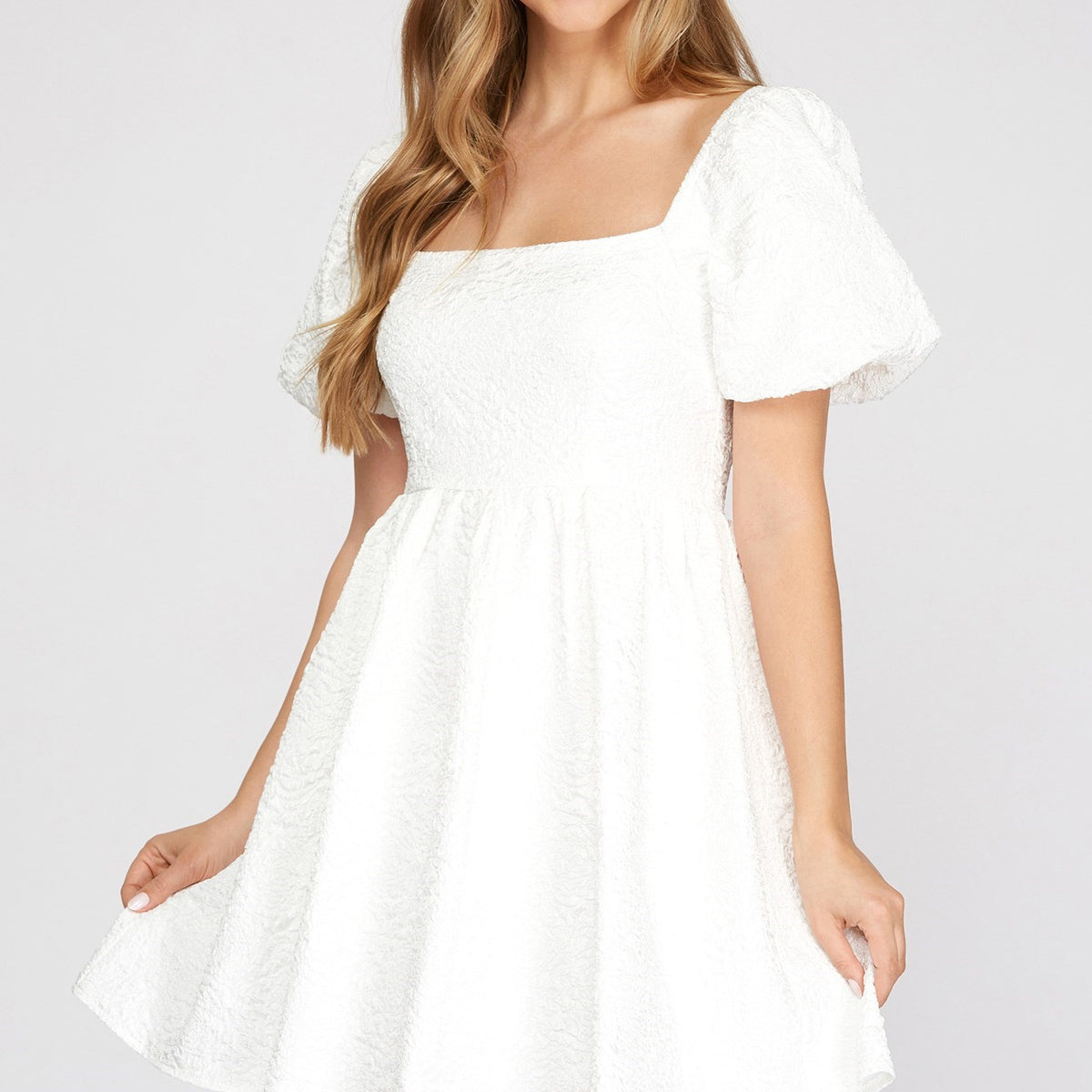 brailey jacquard mini dress - puff sleeve dress in white Jacquard Puff-Sleeve Babydoll-Dress – Shoptiques