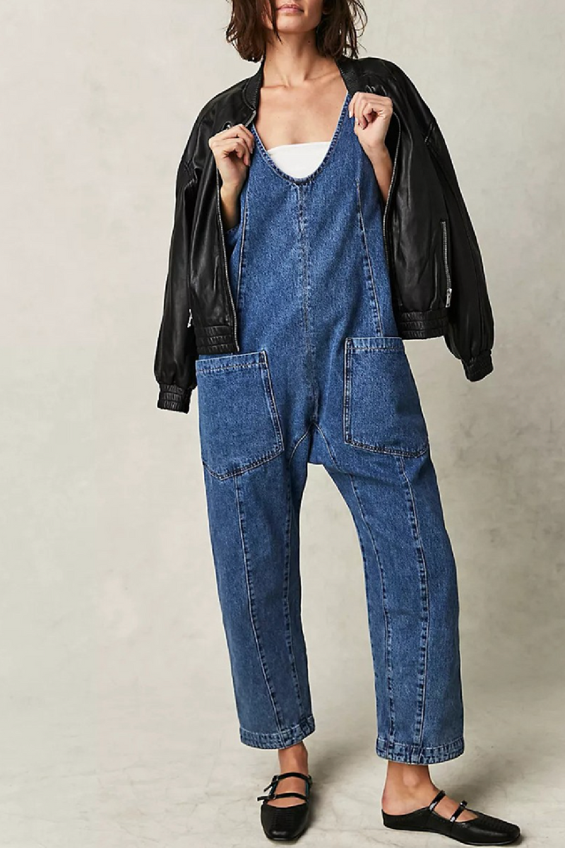 【なあ】BACK OPEN DENIM ALL IN ONE Womens Denim Jumpsuit Overalls Zip Front Collared all in one one