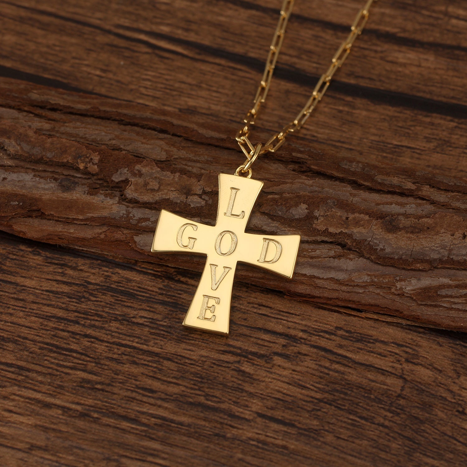 Touchstone Cross 'God/Love' Engraved on Cross Necklace Gold