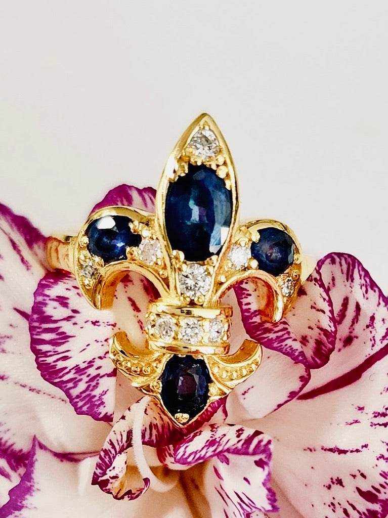 Saints & Saviors Gold Fleur De Lis Blue SAPPHIRE Ring with Diamonds
