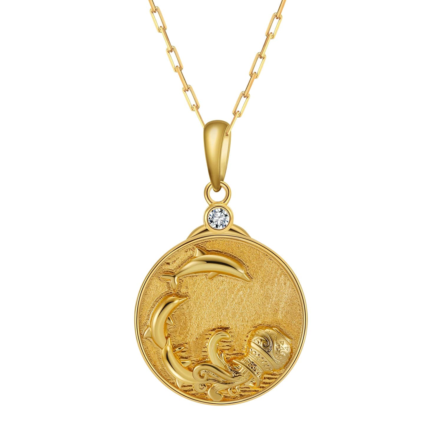 Gold Zodiac Aquarius Medallion Necklace featuring an urn with leaping dolphins in water