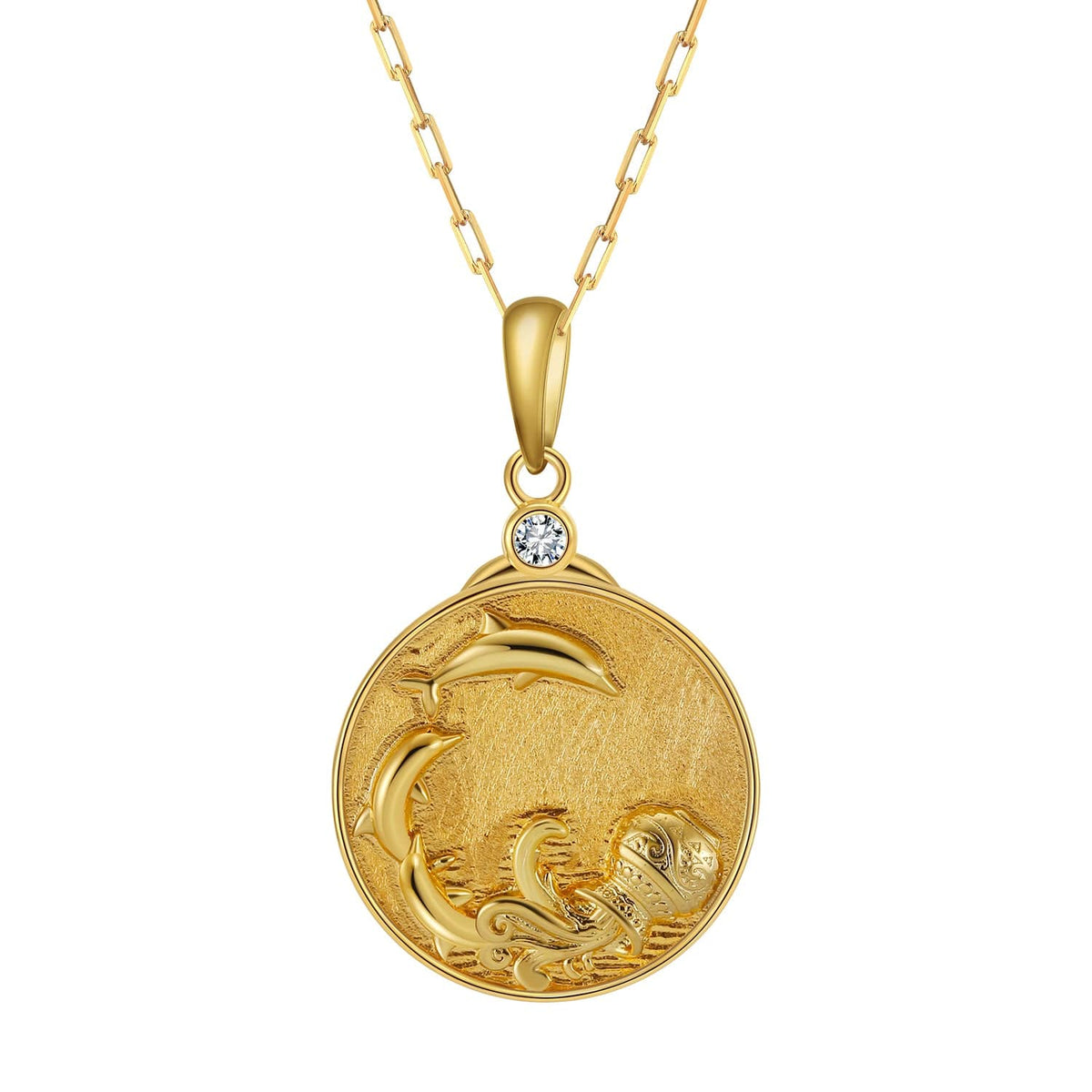 Gold Zodiac Aquarius Medallion Necklace featuring an urn with leaping dolphins in water
