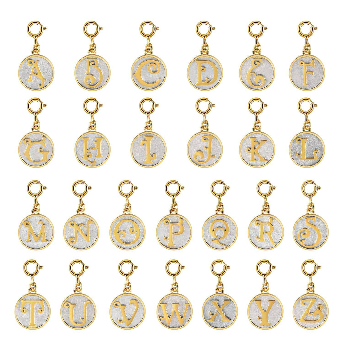 Dainty Fancy Initial Clip on Charms from letters A-Z shown on a white background