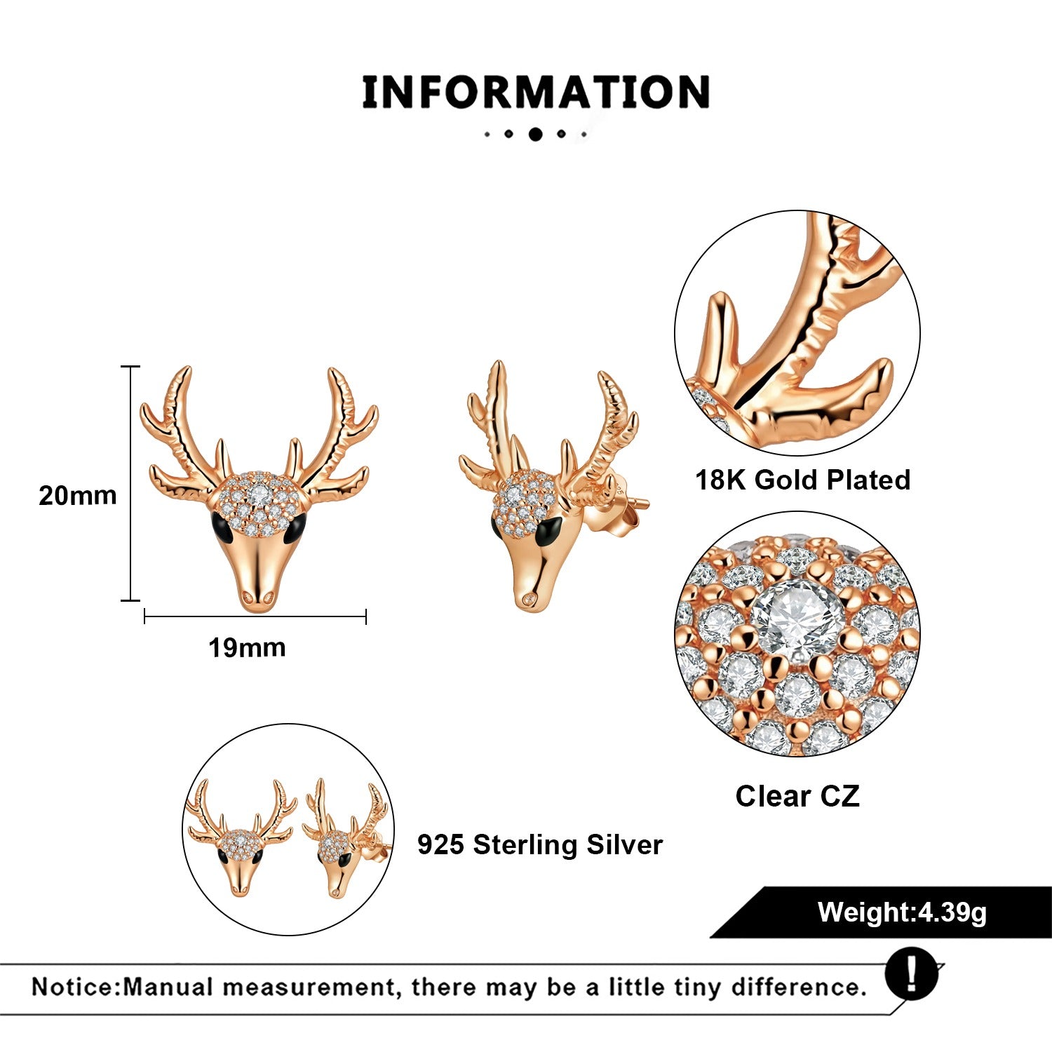 Rose gold deer head earrings with clear CZ stones on a white background