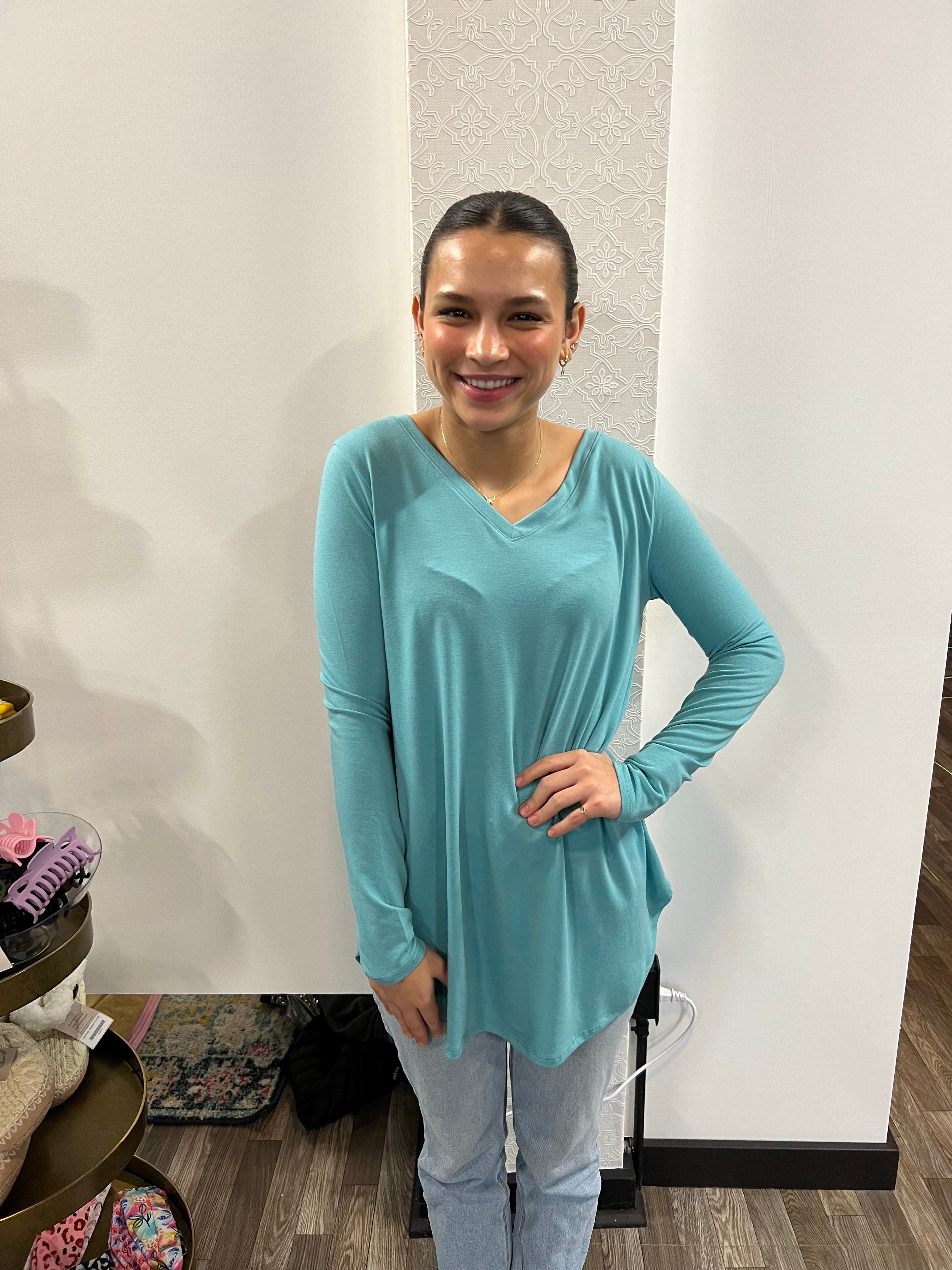 Premium Long Sleeve V Neck Round Hem Top - Athena's Fashion Boutique