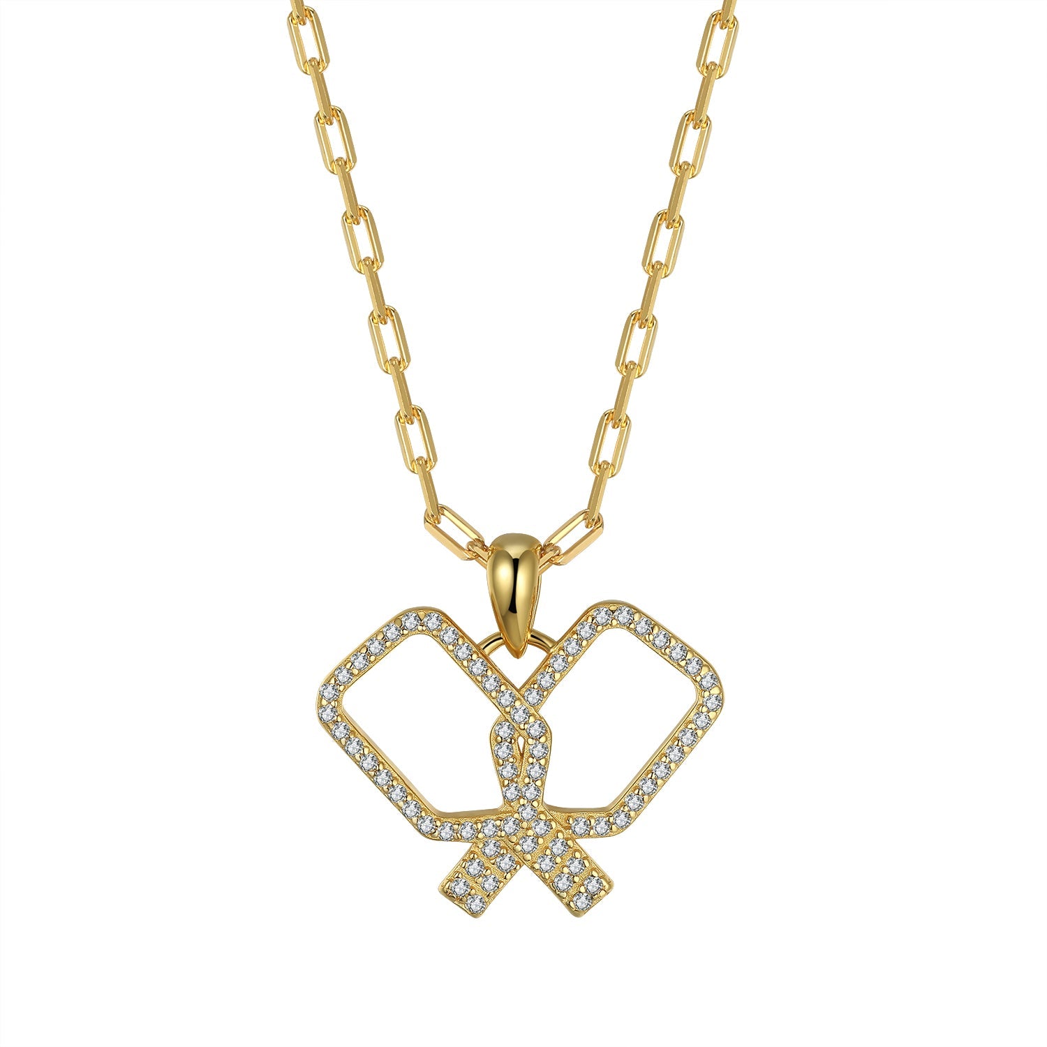 Gold necklace with criss cross crystal paddles pendant on a white background