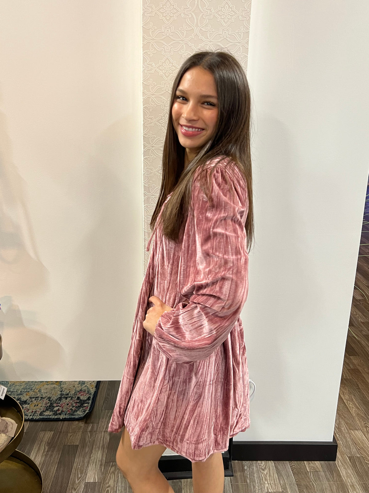 Mauve Front Ribbon Velvet Holiday Mini Flare Dress