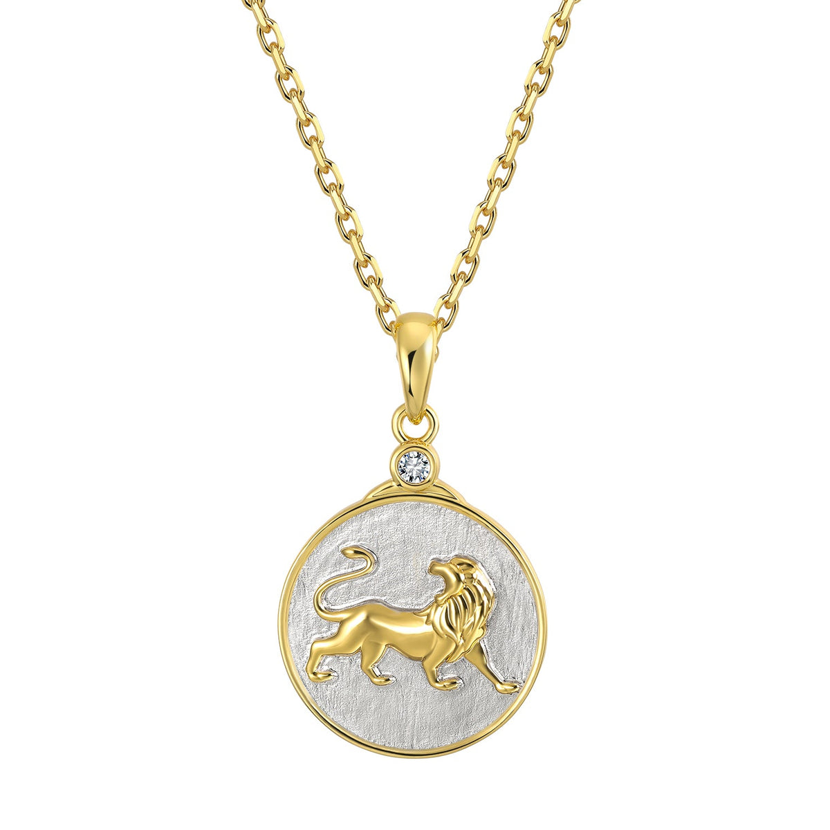 Gold and silver necklace with a Zodiac Leo lion pendant on a white background