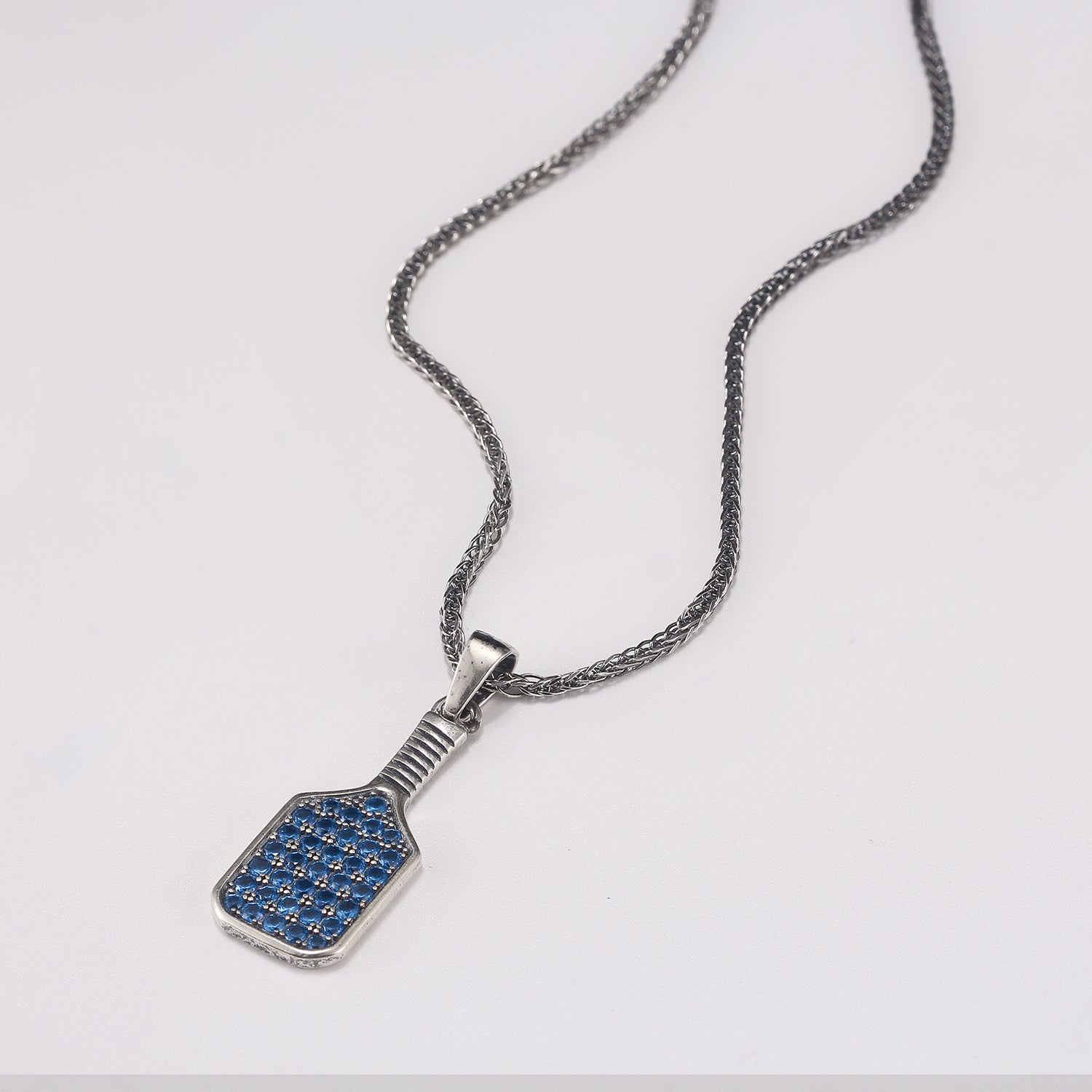 Pickleball Baller Paddle Necklace Silver with Blue Crystals