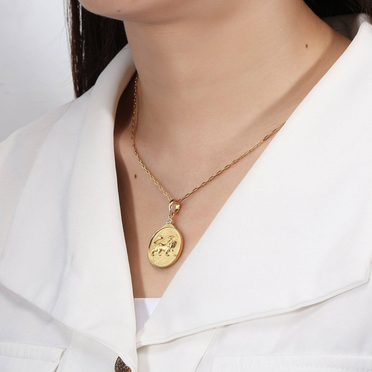 Gold Zodiac Pisces Necklace on model