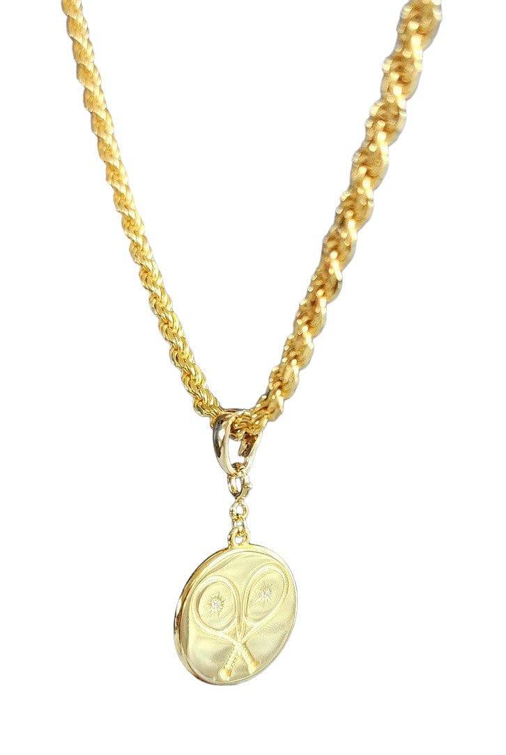 LoveMatch Tennis Heart pendant Round Medallion with Two Racquets gold rope chain