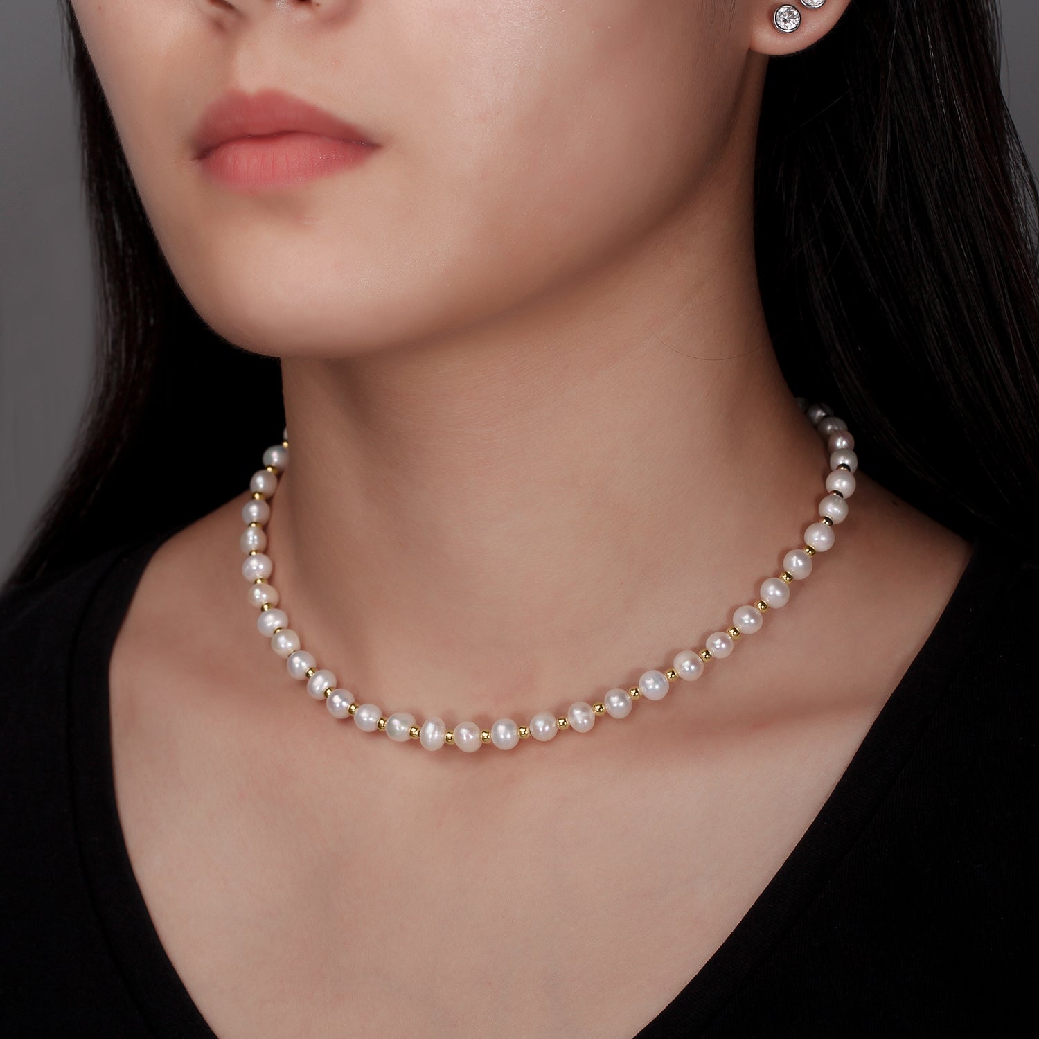 Pearly Choker Necklace with Small Gold Beads on Model