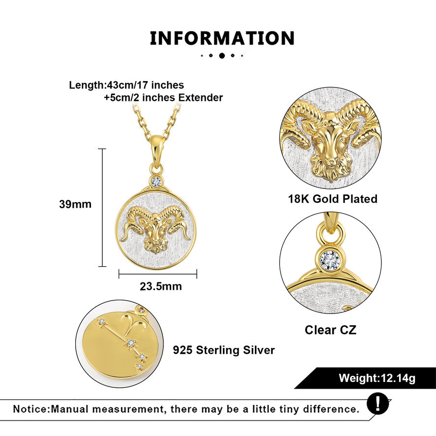 Gold and silver zodiac pendant necklace with detailed specifications on a white background