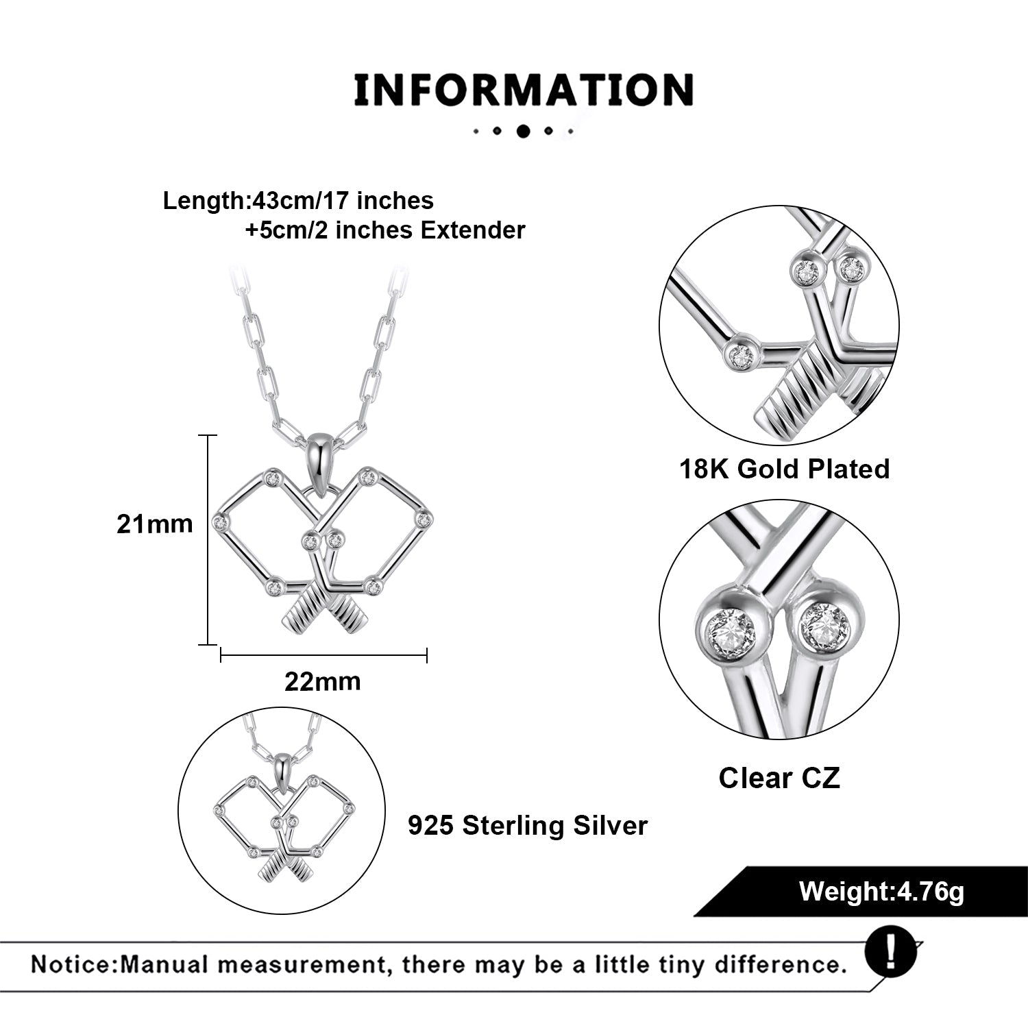 Jewelry information card with pickleball necklace details including length, material, and features.