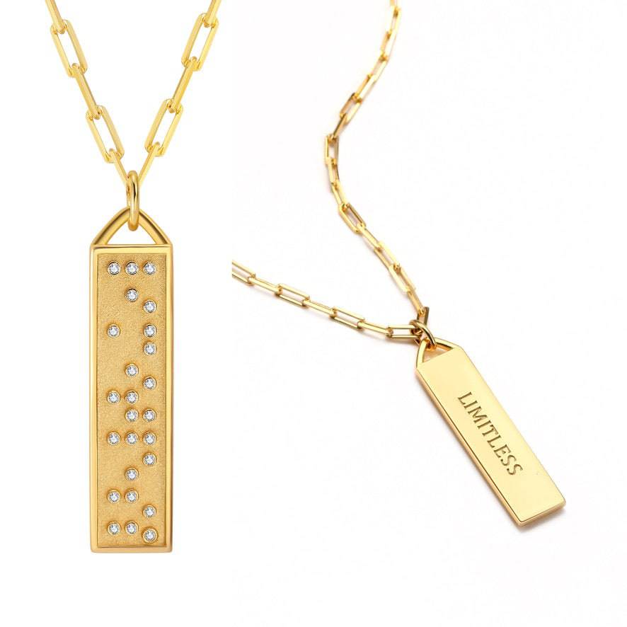 Touchstone Limitless in Braille Crystals and Engraved on Back of Bar Necklace Gold