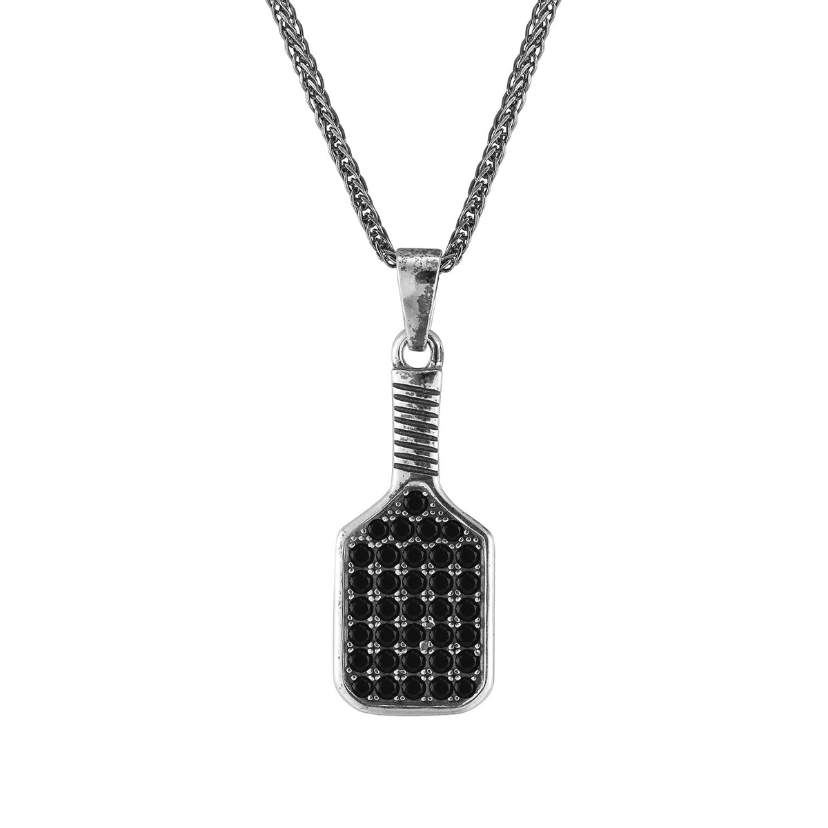 Pickleball Baller Paddle Necklace Silver with Black Crystals