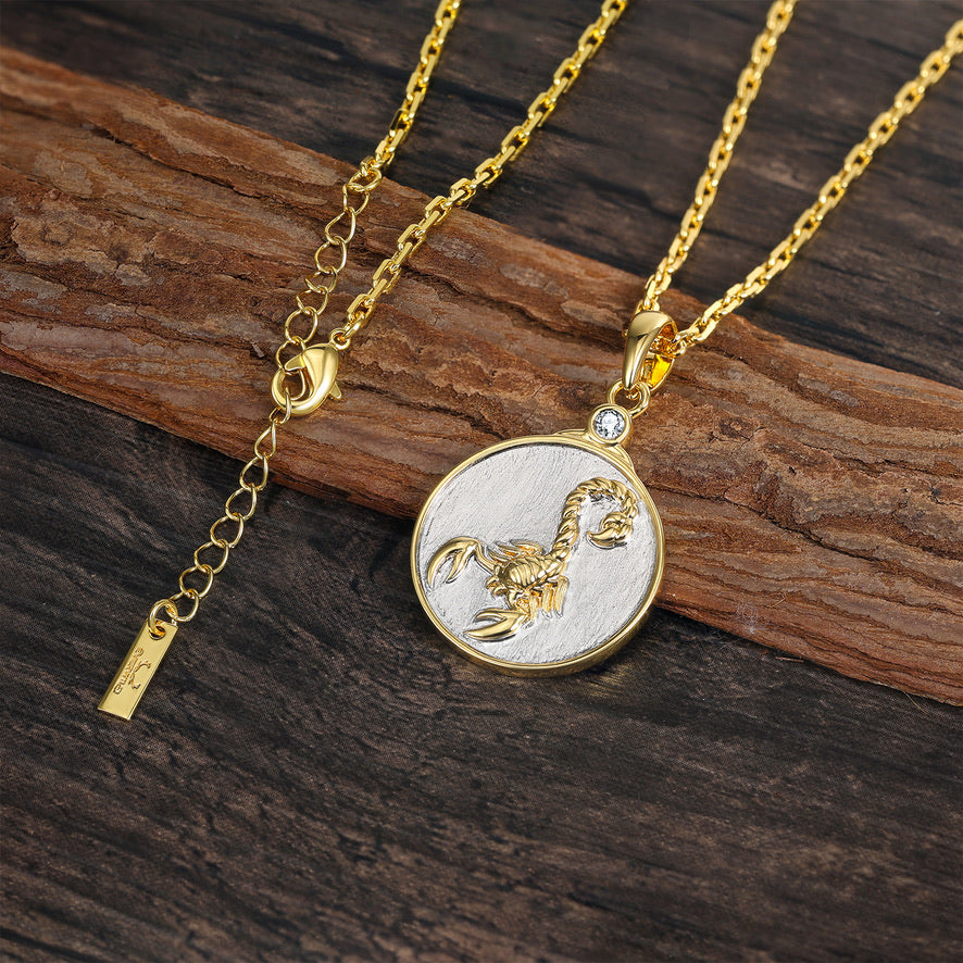 Gold and silver Scorpio zodiac pendant necklace on a wooden surface