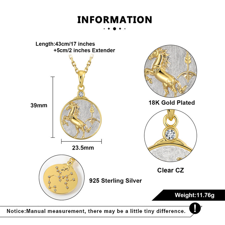 Gold and silver pendant necklace with detailed specifications on a white background