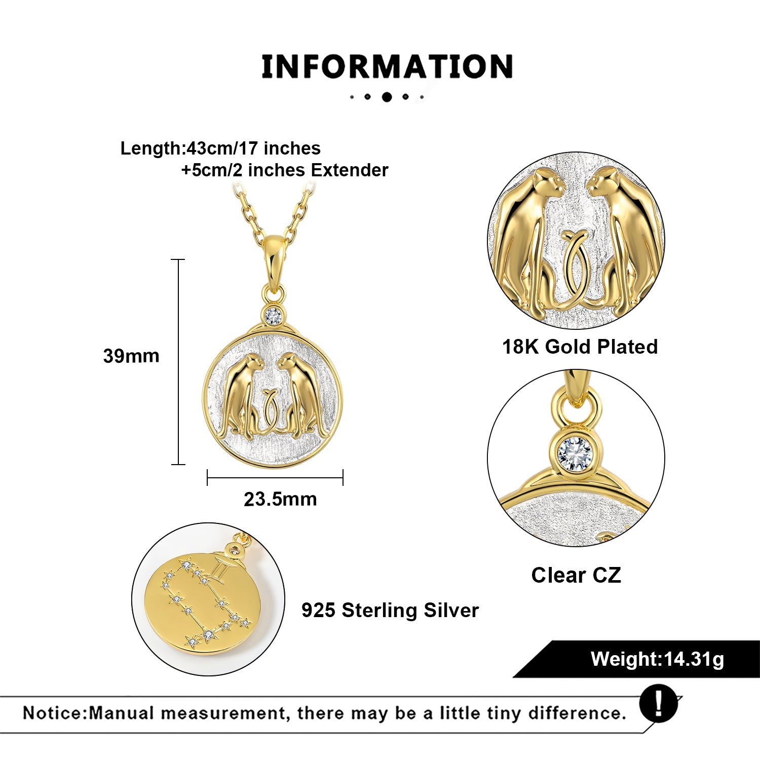 Gold and silver Gemini pendant with detailed specifications on a white background