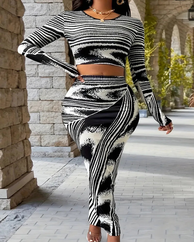 Glam Black & White Swirl Print Two-Piece High Waist Skirt Set - Yayas Glam & Gift Shop