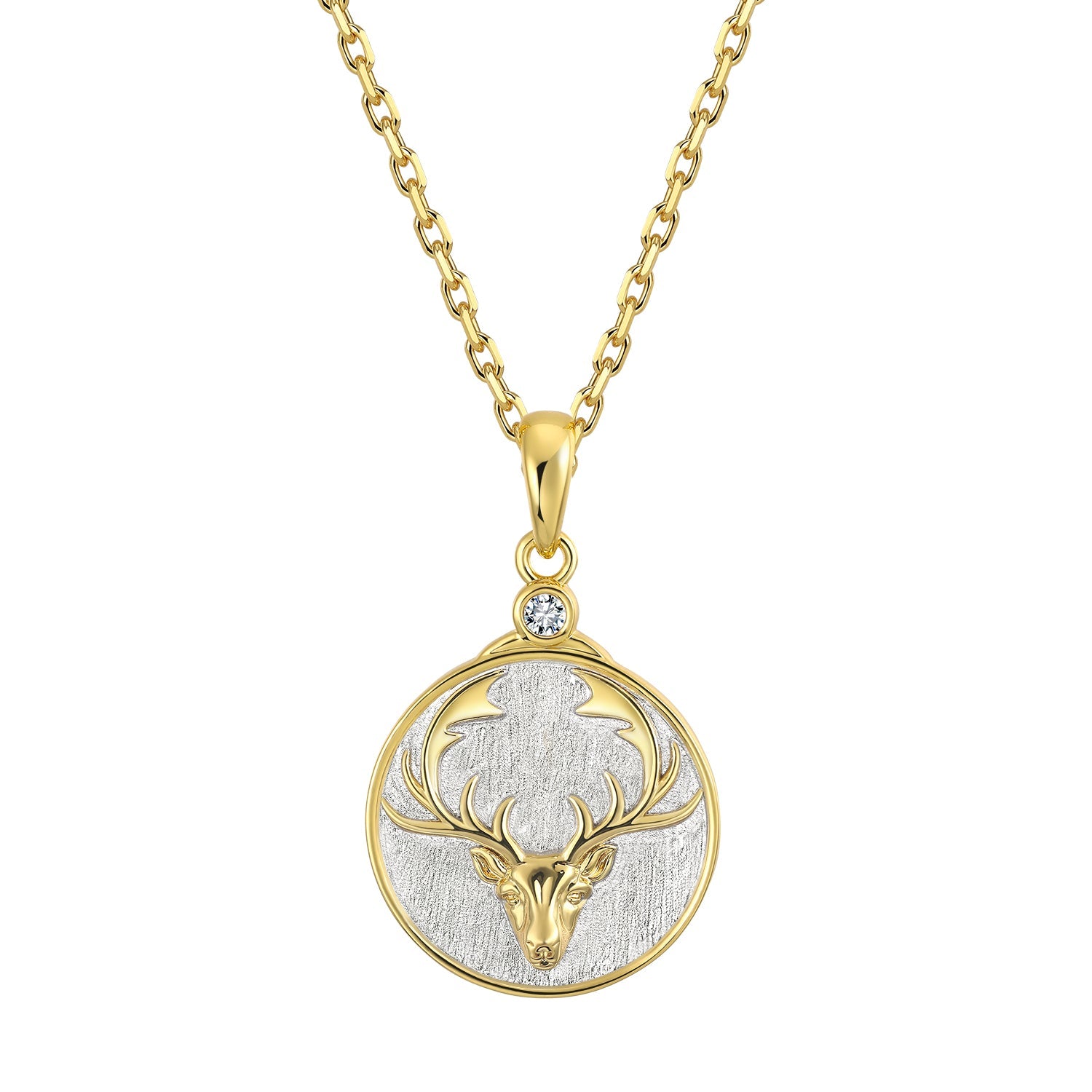 Gold and silver Virgo zodiac depicting a deer head with antlers pendant on a gold chain against a white background