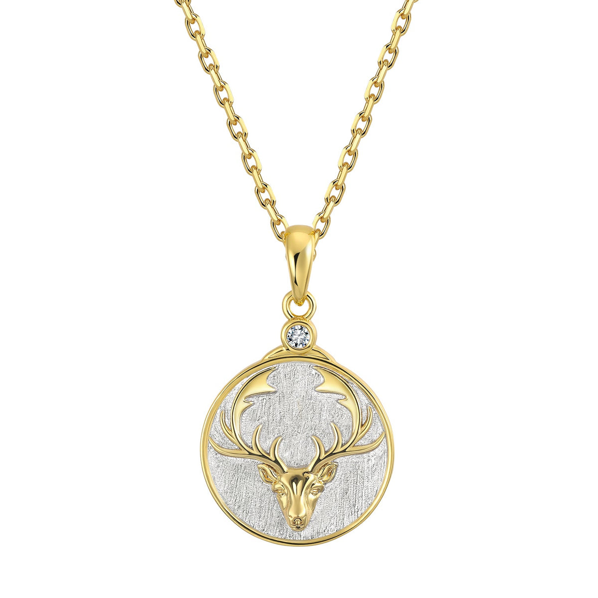 Gold and silver Virgo zodiac depicting a deer head with antlers pendant on a gold chain against a white background