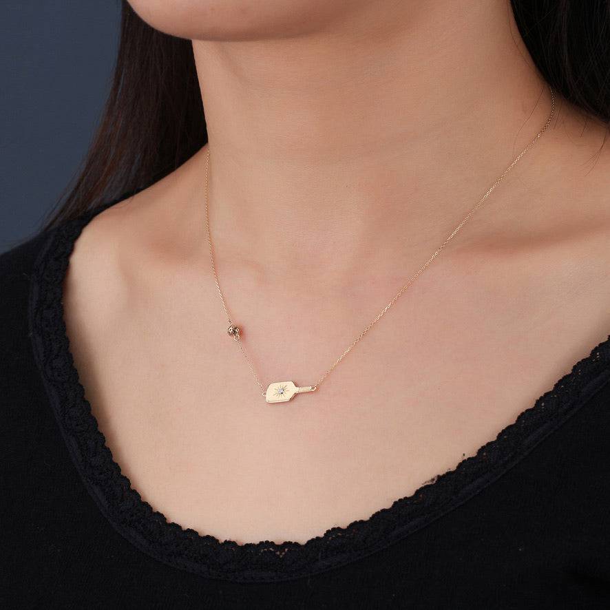 Pickleball Dinker FINE Necklace Solid 14k Gold with Diamond