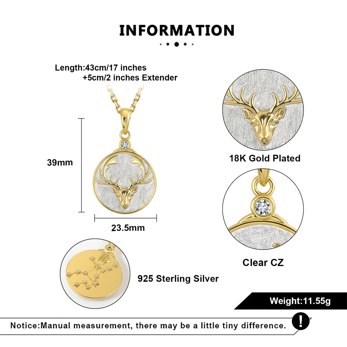 Gold and silver deer head pendant necklace with measurements and material details on a white background.