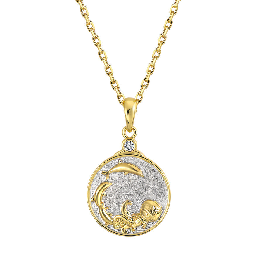 Gold chain necklace with a round Gold and Silver Aquarius Zodiac pendant featuring a design of a water urn with dolphins leaping on a white background.