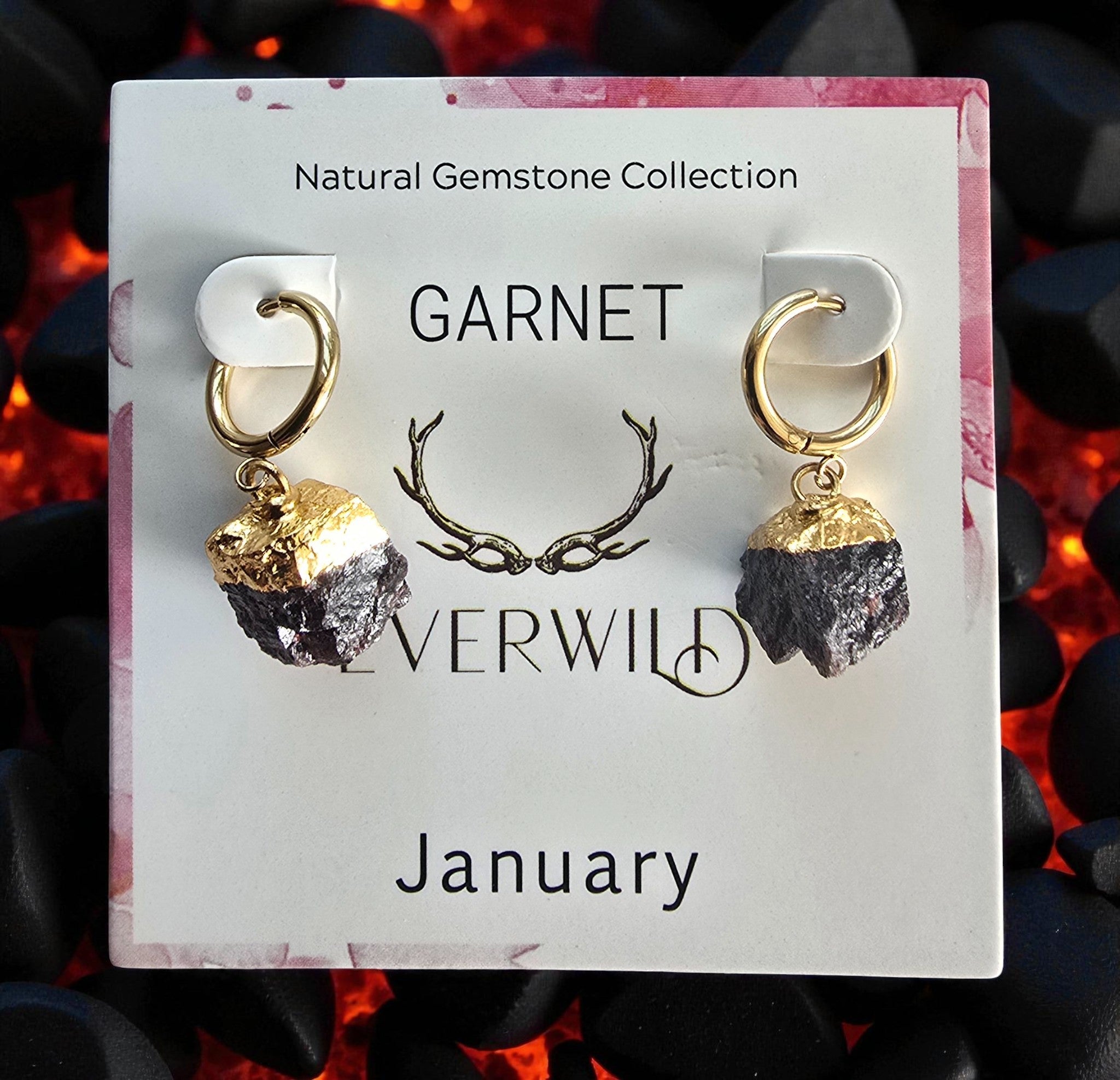 Garnet January birthstone earrings on a 'Natural Gemstone Collection' card with 'Everwild' branding.