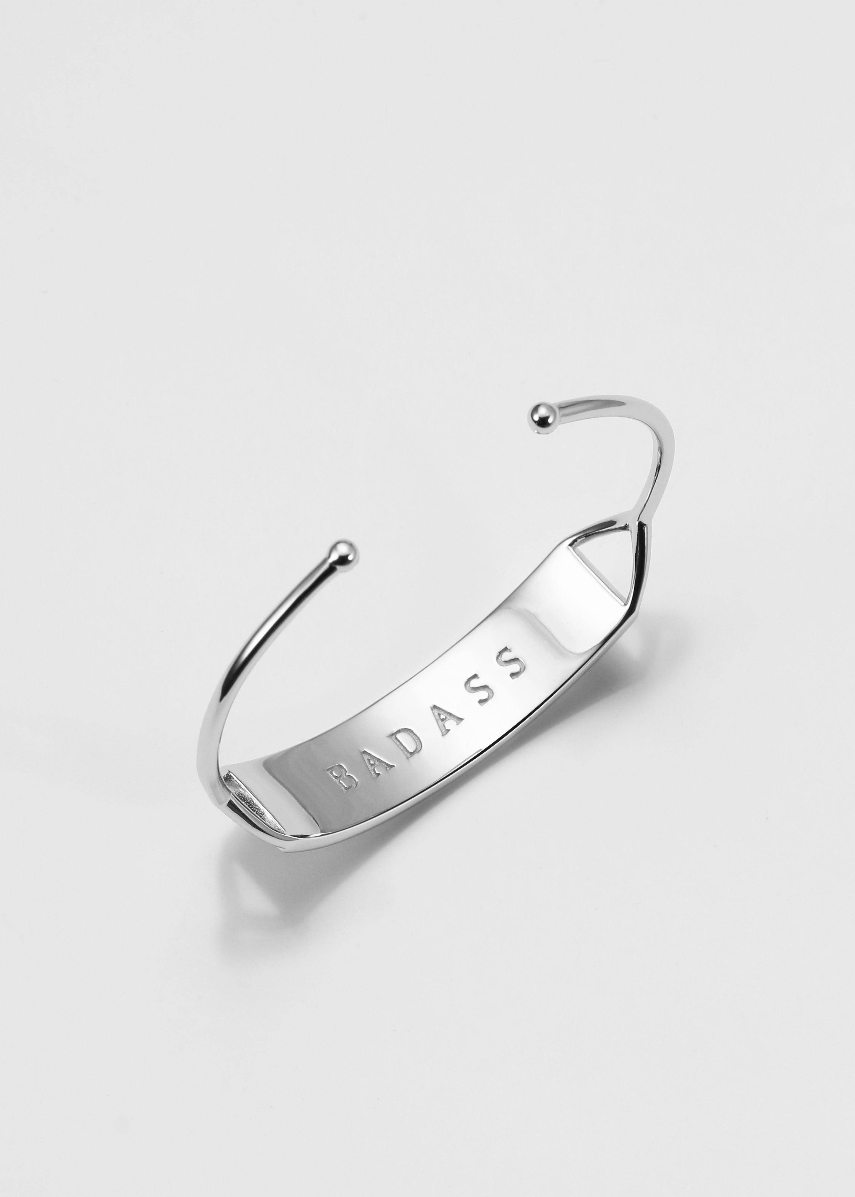 Touchstone Badass Cuff Silver with "Badass" engraved in plain text on reverse