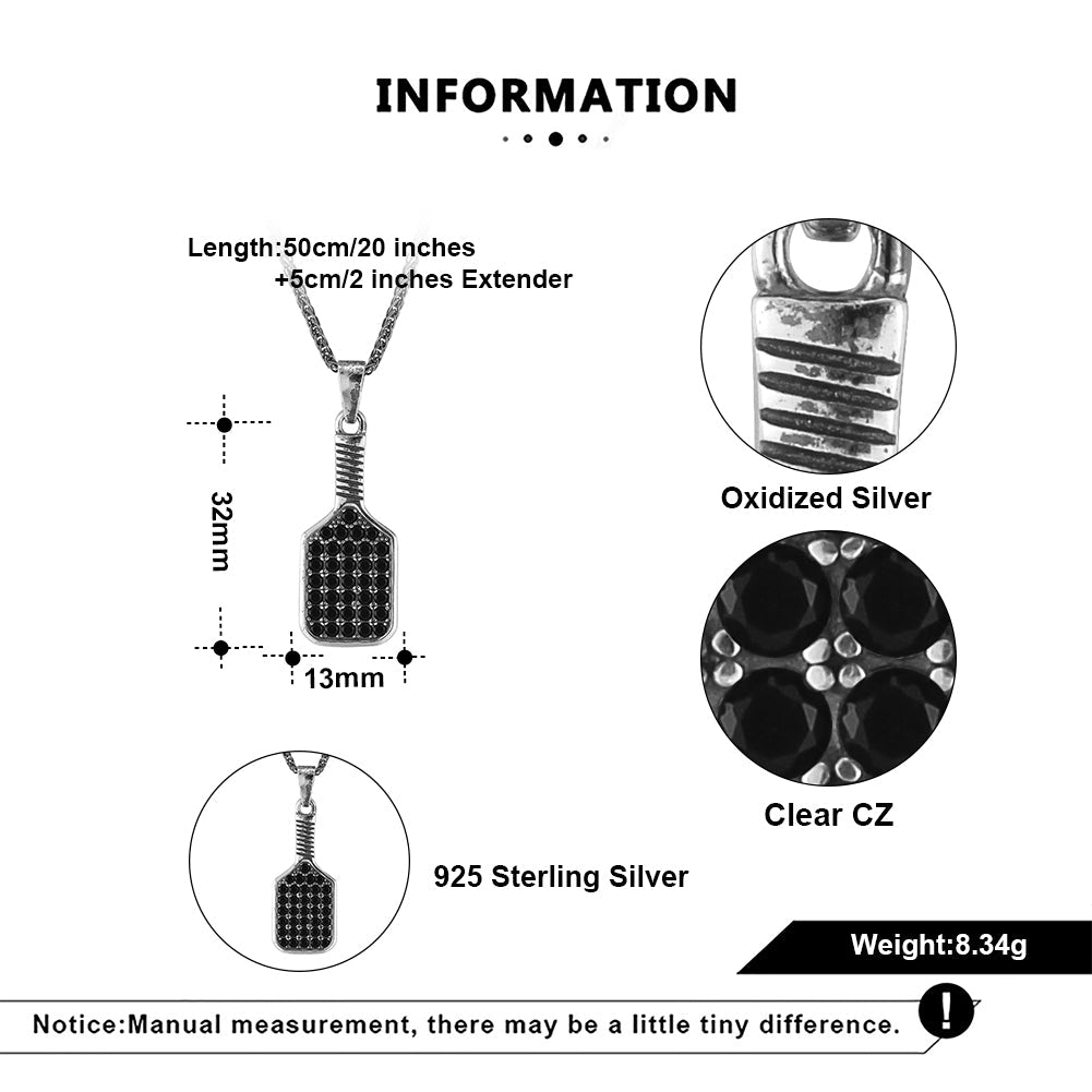 Pickleball Baller Paddle Necklace Silver with Black Crystals Specs
