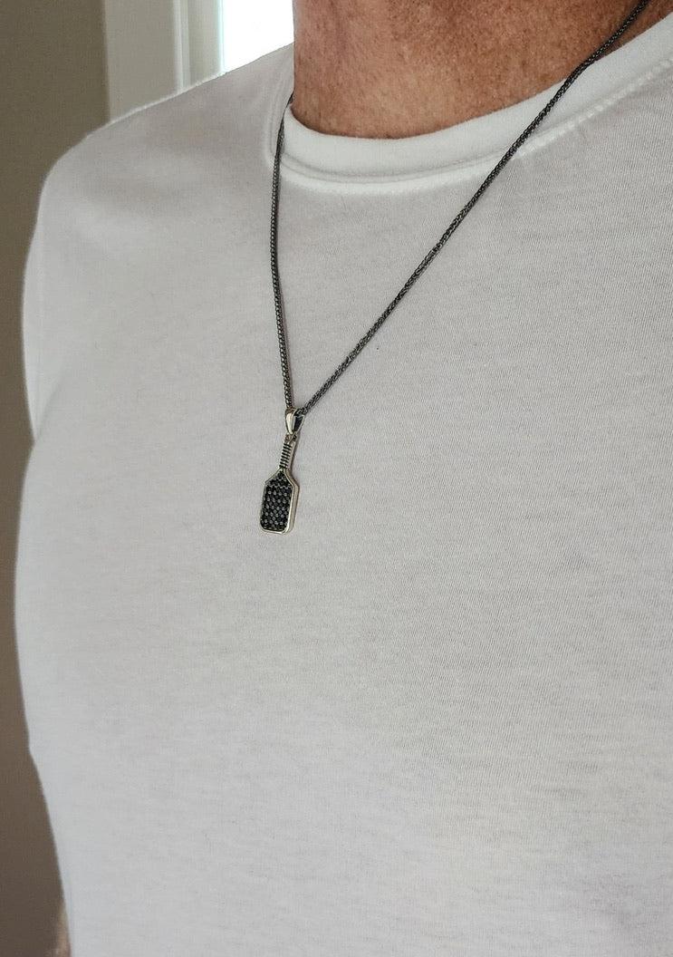 Pickleball Baller Paddle Necklace Silver on Model