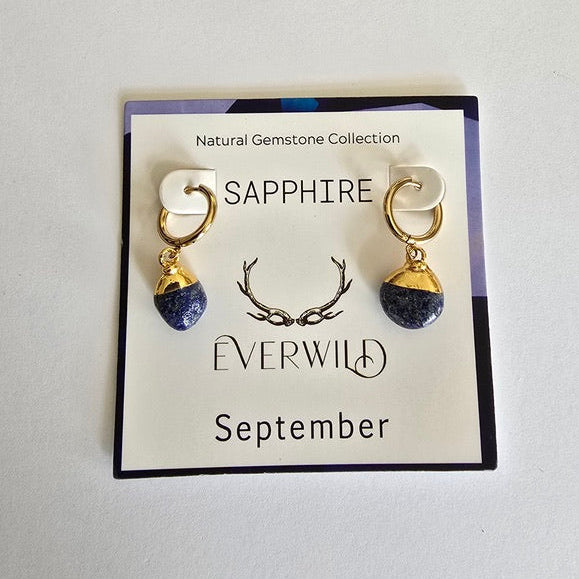 Sapphire September birthstone earrings on a 'Everwild' branded card with a white background