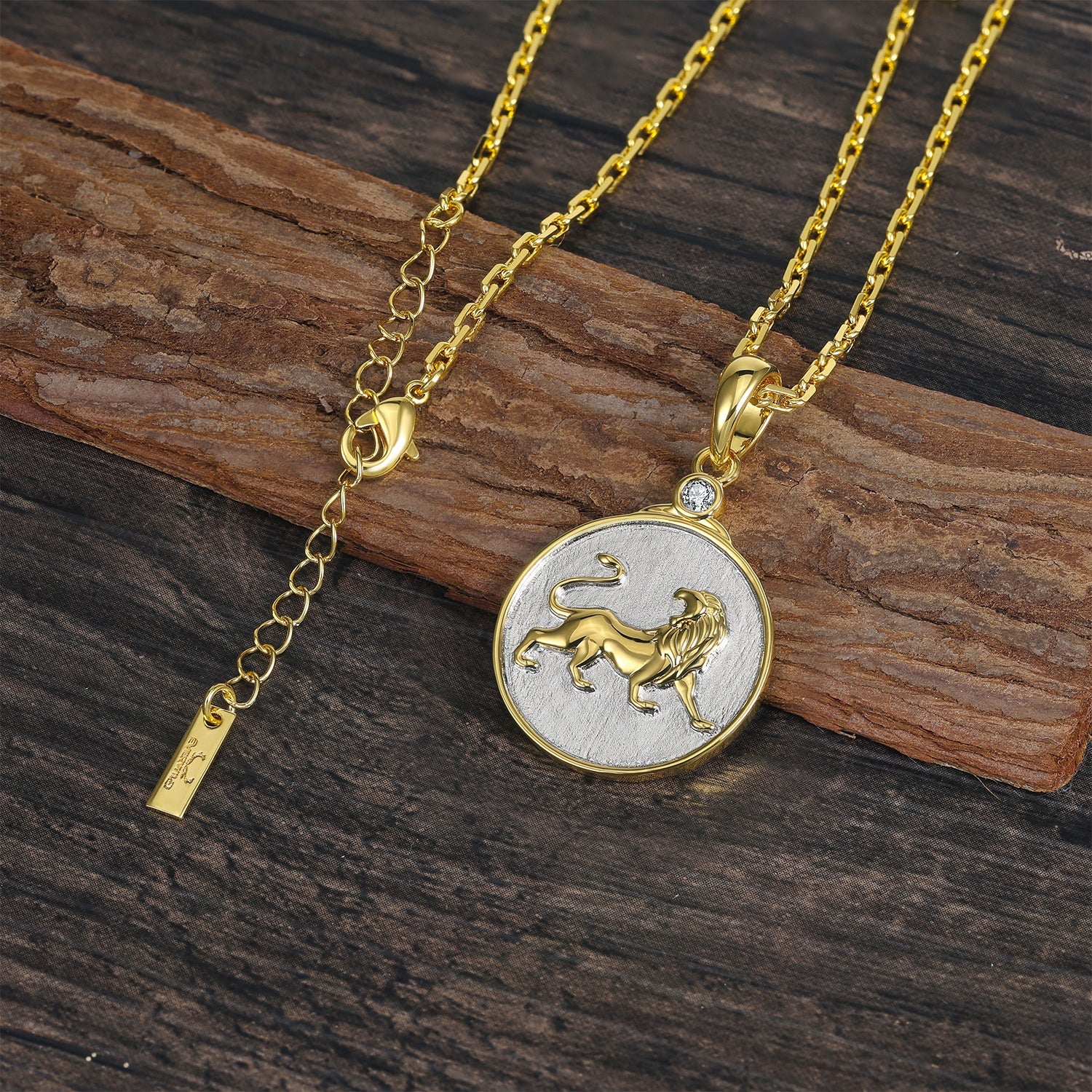 Gold and silver necklace with a Zodiac Leo lion pendant on a wooden surface