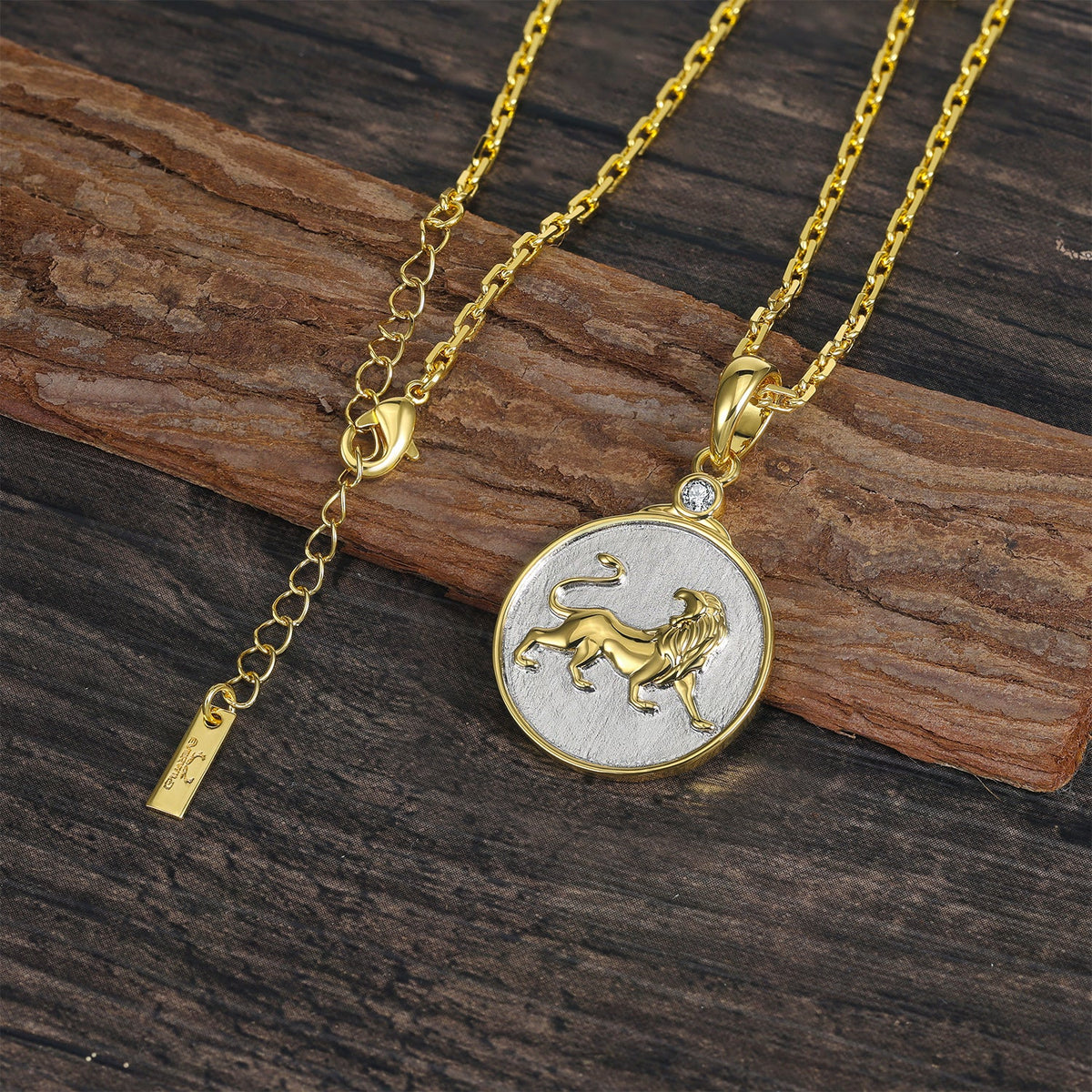 Gold and silver necklace with a Zodiac Leo lion pendant on a wooden surface
