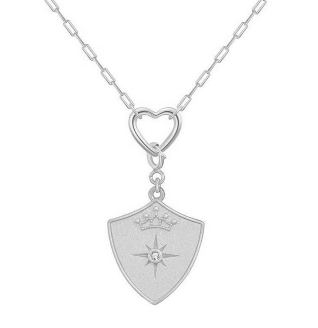 Saints and Saviors Shield Crown Pendant on Heart Necklace Silver