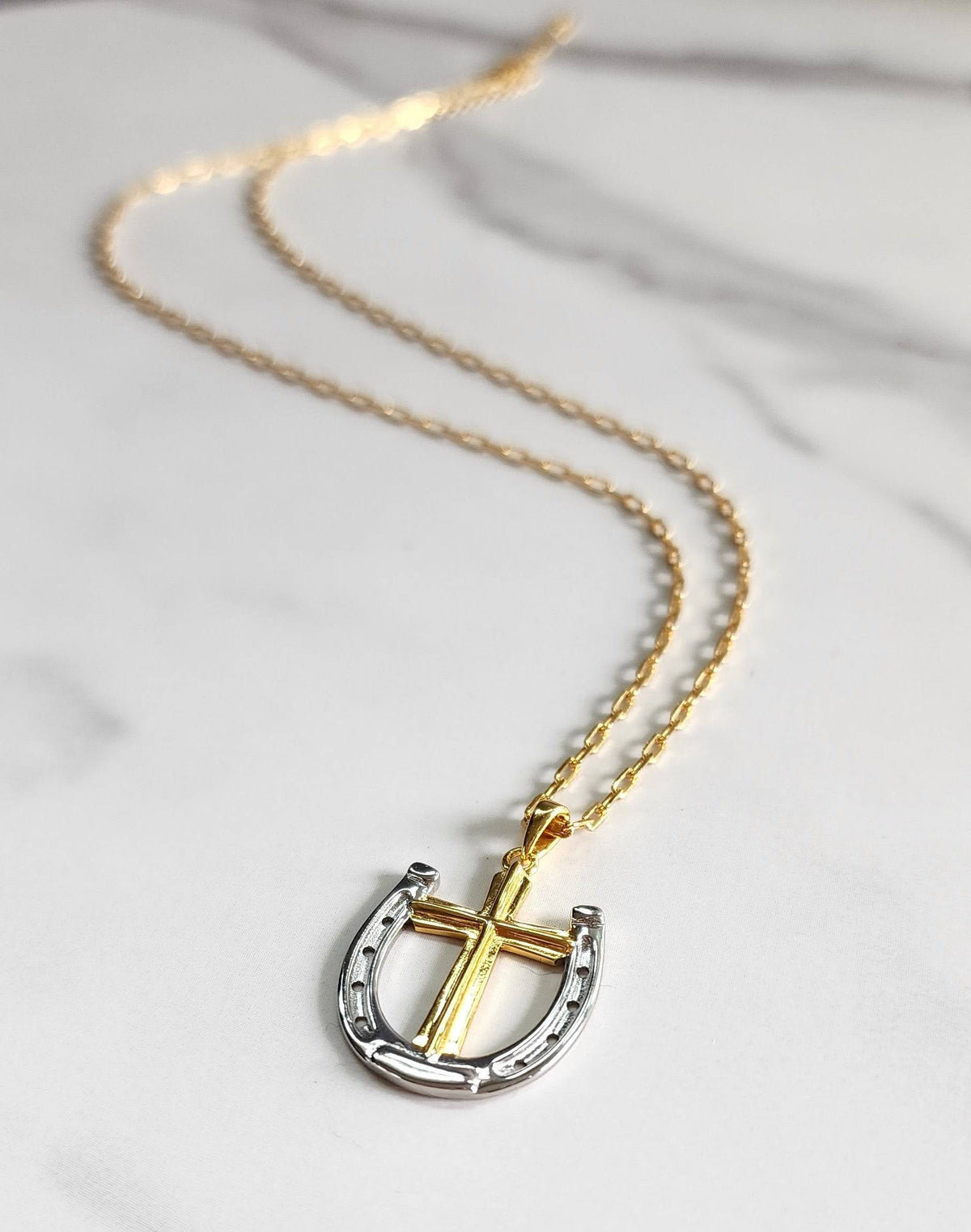 Saints and Saviors Rider's Prayer Two-Tone Cross with Horseshoe on Gold Clip Chain Necklace