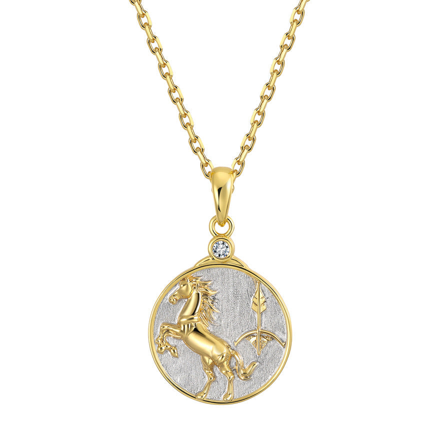 Gold necklace with a Gold and Silver horse and arrow for Sagittarius Zodiac pendant on a white background