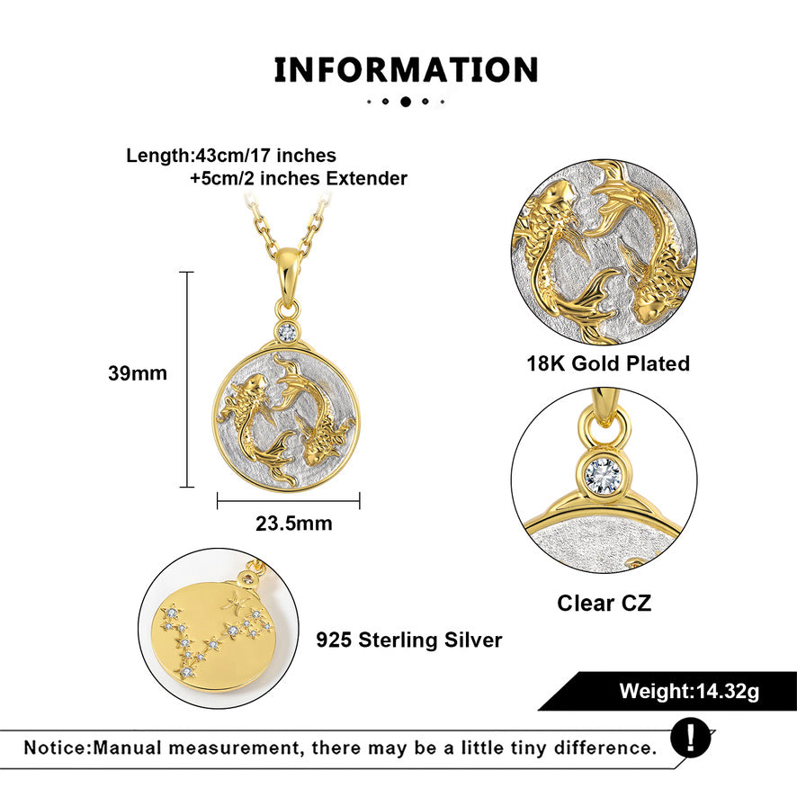 Gold and silver pendant with detailed design, measurements, and material information on a white background.