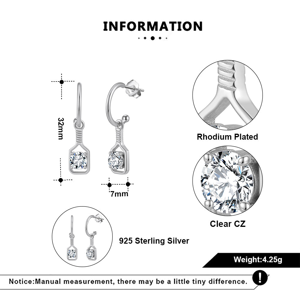 Pickleball Sparkle Paddle Hoop Earrings Silver Specs